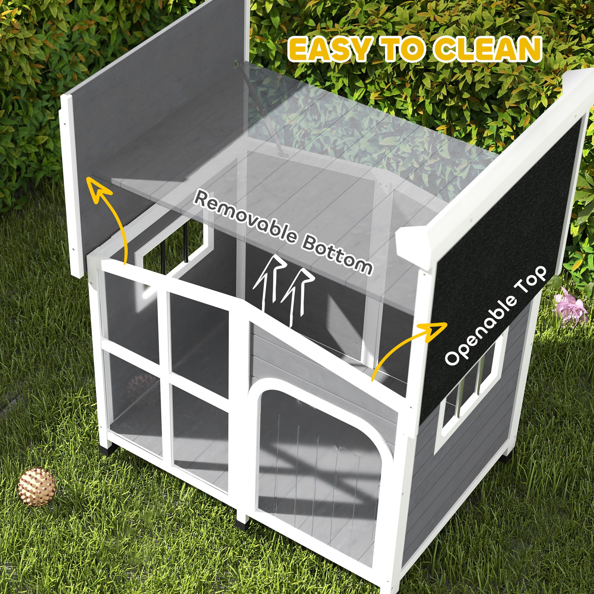PawHut Cabin-Style Wooden Dog House for Large Dogs with Openable Roof & Giant Window,Gray