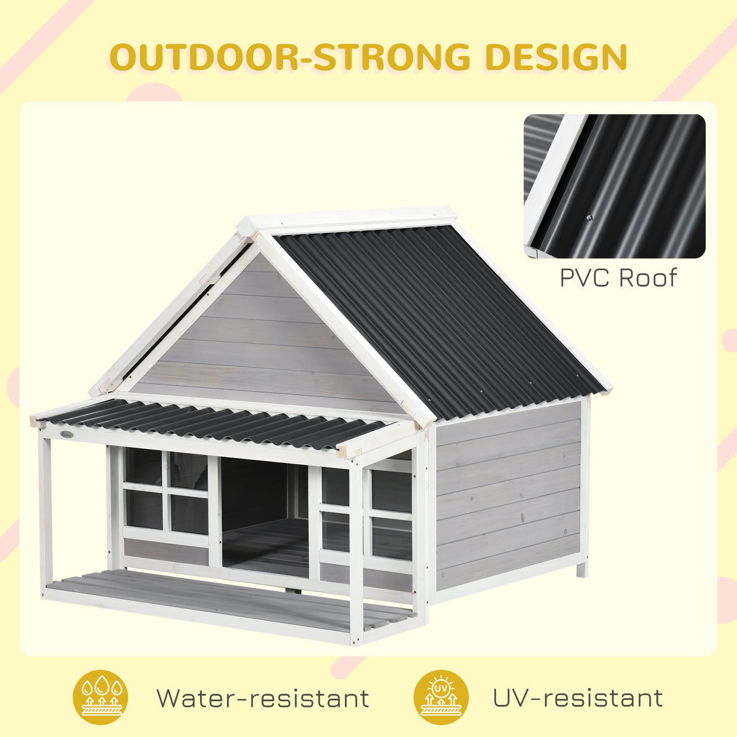 PawHut Wooden Dog House Outdoor Porch Cabin Style Raised Dog Shelter PVC Roof Front Door Windows Large Medium Dog | Aosom.com