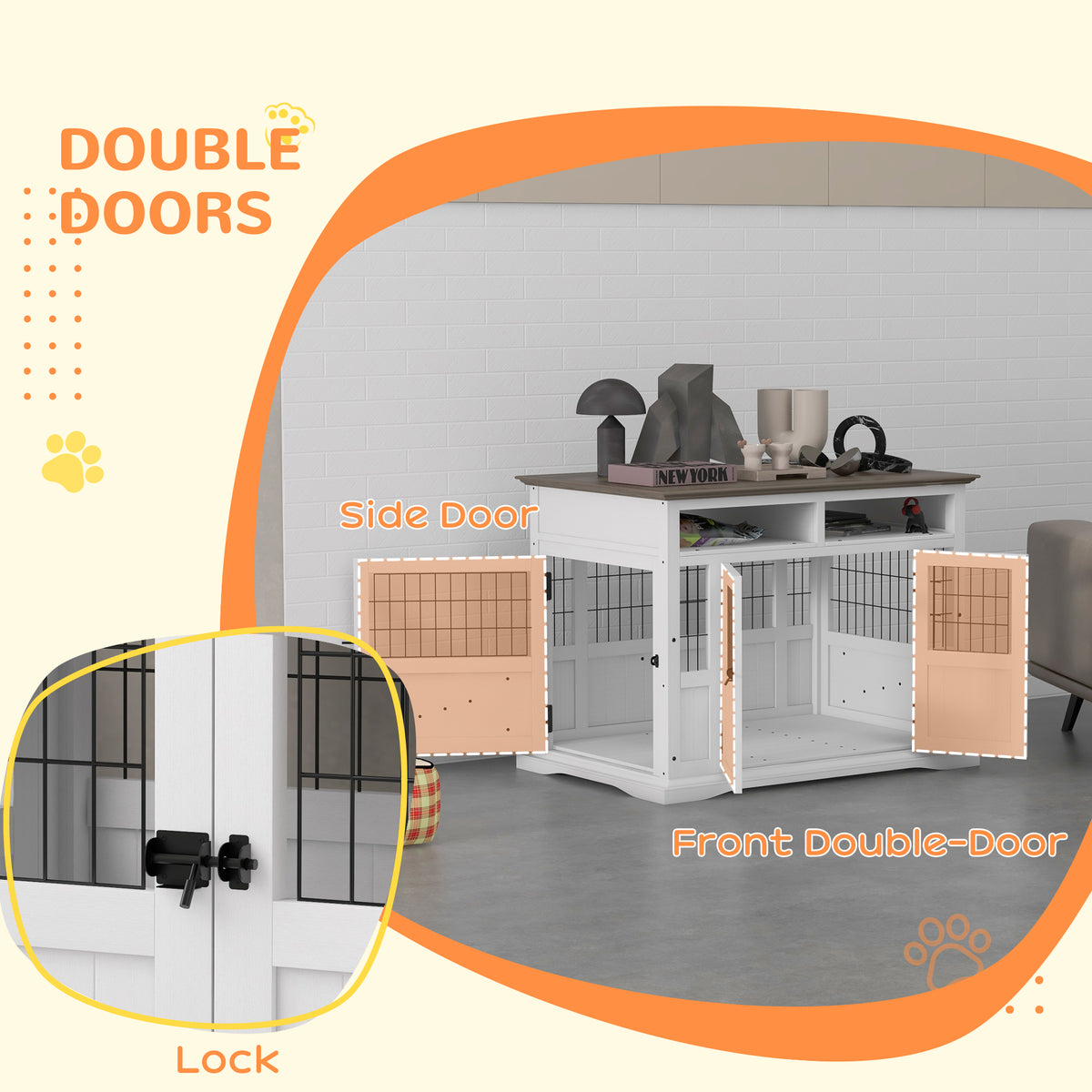 PawHut Dog Kennel Furniture Side End Table with Storage Double Doors Small Medium Dogs White | Aosom.com