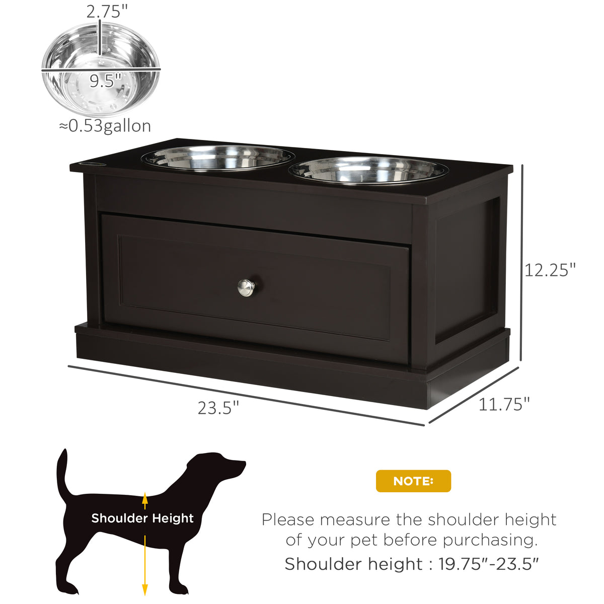 PawHut Double Elevated Dog Bowls for Large Dogs, Raised Dog Feeding Station with 2 Stainless Steel Bowls, Storage Drawer & Wood Stand for Cats, Brown