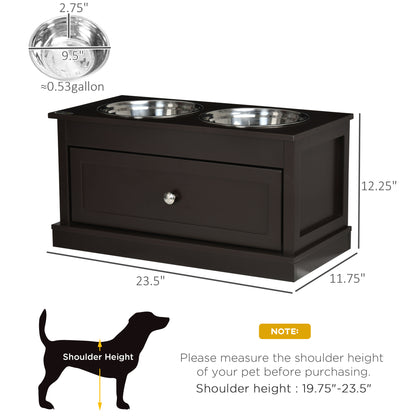 PawHut Double Elevated Dog Bowls for Large Dogs, Raised Dog Feeding Station with 2 Stainless Steel Bowls, Storage Drawer & Wood Stand for Cats, Brown