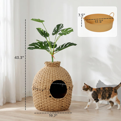 PawHut Hidden Cat Litter Box Enclosure with Faux Plant & Stainless Steel Tray for Bedroom, Living Room, Corner
