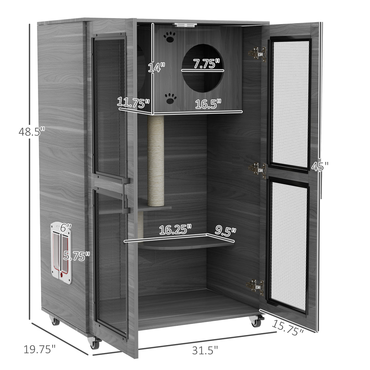 PawHut Cat House with Cat Tree, Kitty Cage with Scratching Posts Condo Cat Enclosure Lockable Wheels, Gray| Aosom.com