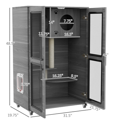 PawHut Cat House with Cat Tree, Kitty Cage with Scratching Posts Condo Cat Enclosure Lockable Wheels, Gray| Aosom.com