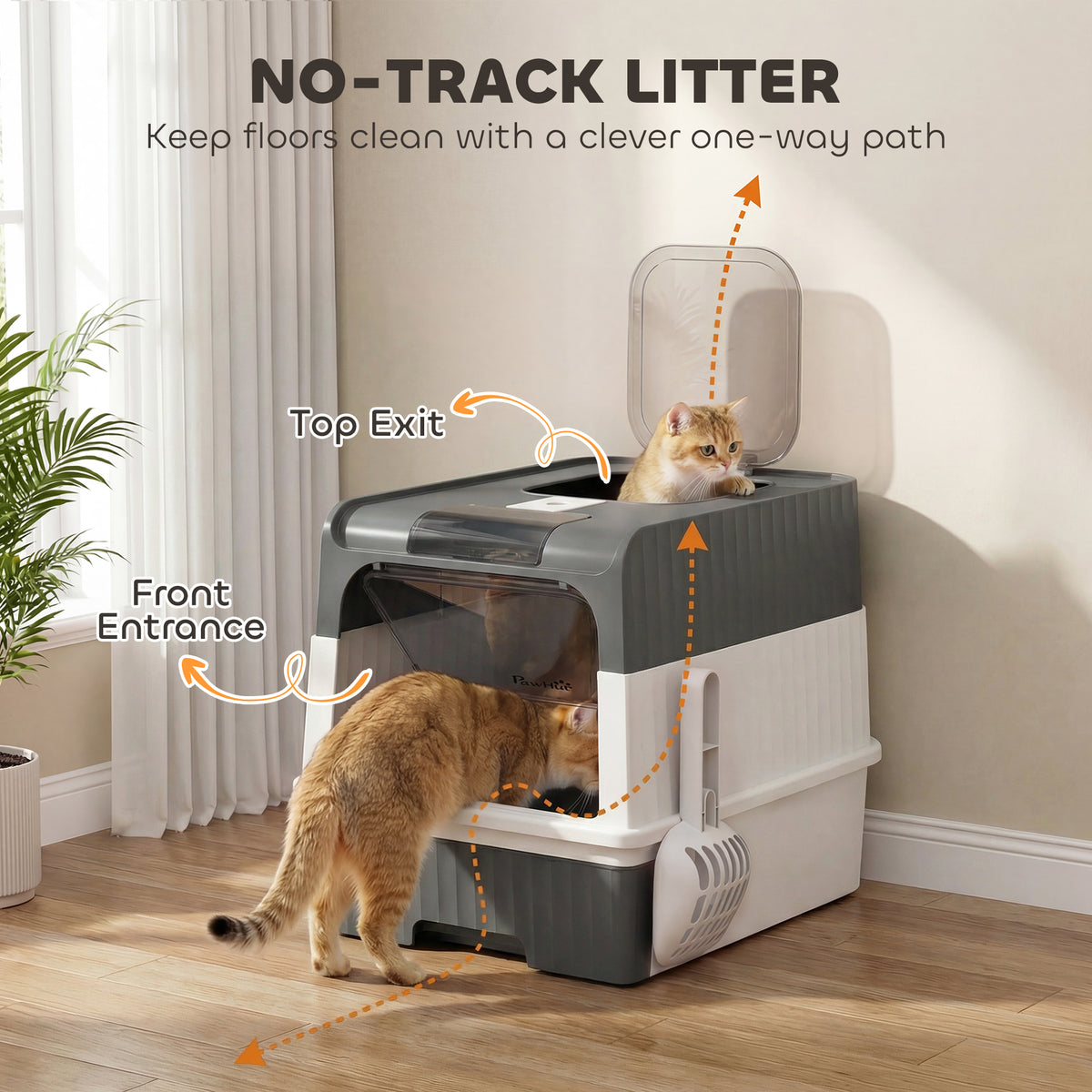 PawHut Cat Litter Box Hooded Cat Litter Tray with Drawer Pan Front Entry & Top Exit Easy Cleaning Gray