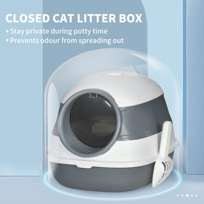 PawHut Dome Covered Cat Litter Box, Sleek Design with Lid, White and Gray | Aosom.com