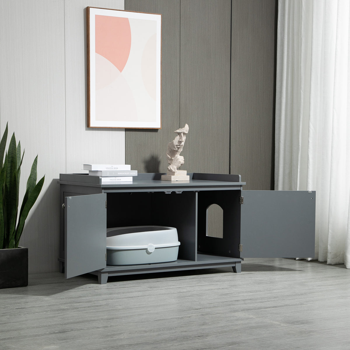 PawHut Cat Litter Box Furniture Hidden Litter Box Enclosure Cabinet Indoor Cat Washroom Double-door Nightstand End Table with Cat Hole Grey