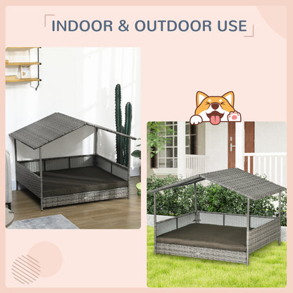 PawHut Rattan Outdoor Dog Bed with Canopy Soft Cushion Removable Cover Medium Large Dogs Charcoal Gray | Aosom.com