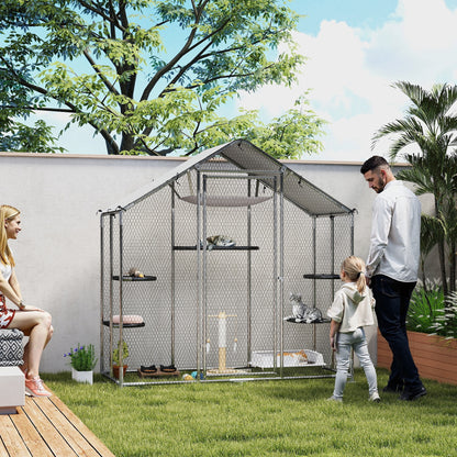 PawHut Large Catio Outdoor Cat Enclosure with Waterproof Cover, Walk-in Cat Patio w/ 5 Adjustable Platforms & Hammock