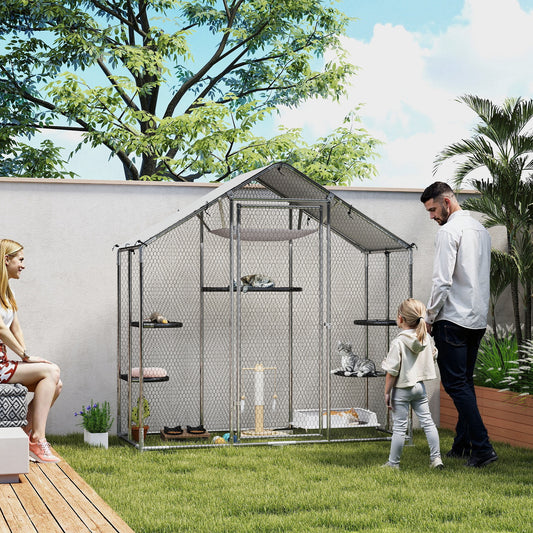 PawHut Large Catio Outdoor Cat Enclosure with Waterproof Cover, Walk-in Cat Patio w/ 5 Adjustable Platforms & Hammock