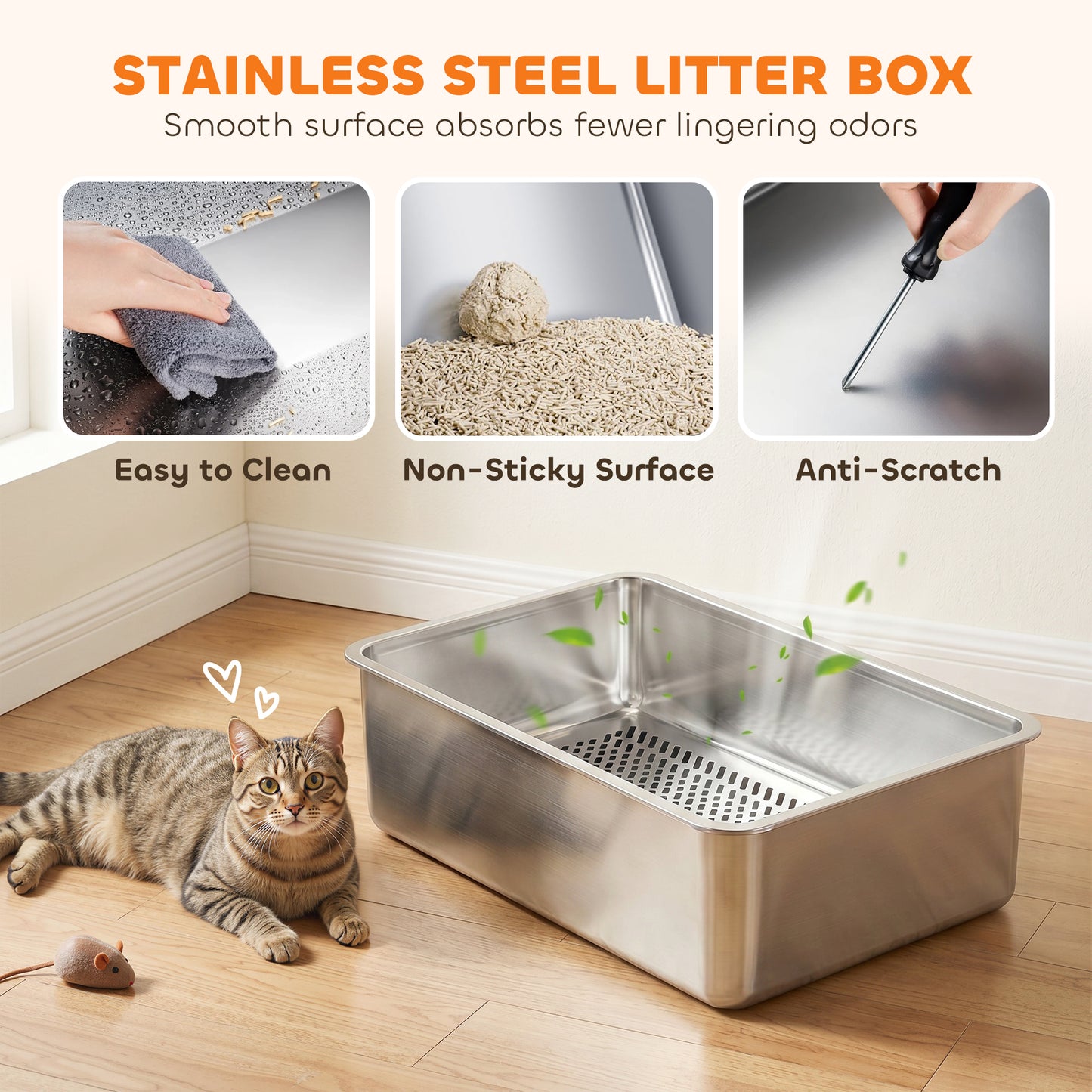 PawHut Stainless Steel Sifting Litter Box for Pine Pellets, Large Metal Litter Box with Sifter Tray, Metal Scoop, 10 Pee Pads