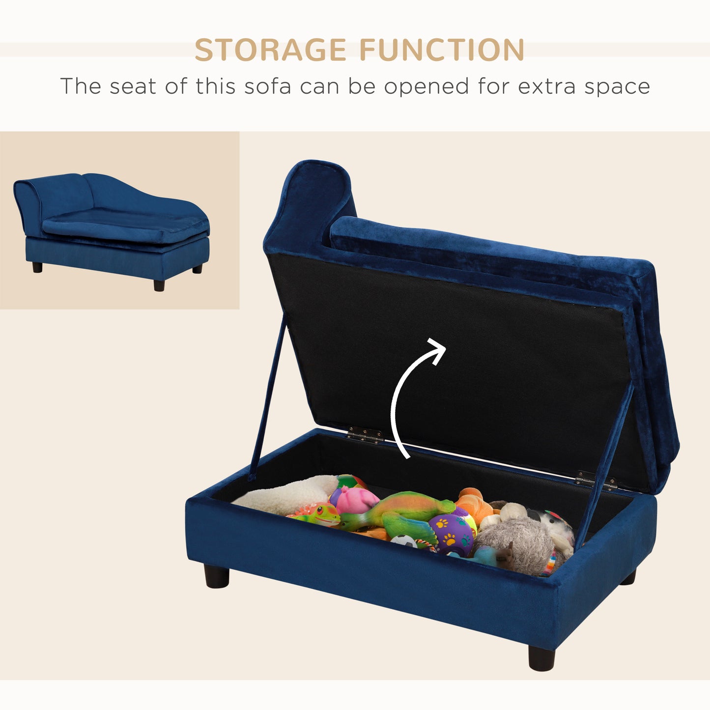 PawHut Pet Sofa Bed with Storage, Cushy Couch for Cats and Small Dogs, Soft Foam Couch, Modern Pet Furniture, Blue | Aosom.com