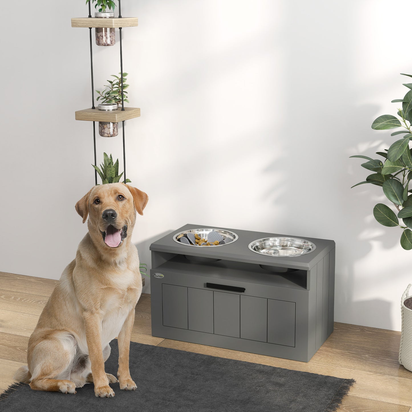 PawHut Elevated Dog Bowls, Large Breed Raised Dogs Bowl Stand with 2 Stainless Steel Bowls, Storage Drawer and Slow Feeder Mat