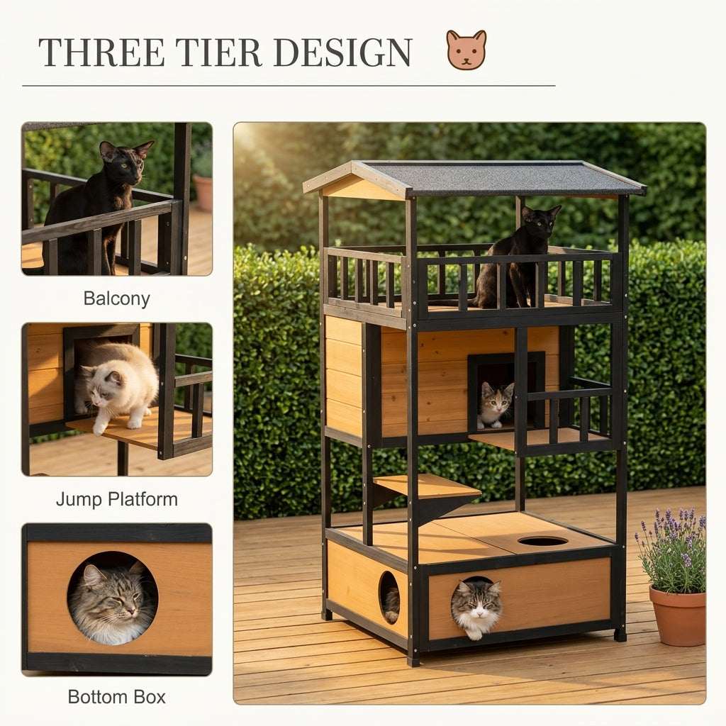 PawHut Wooden Outdoor Cat House, Feral Cat Shelter Kitten Tree with Asphalt Roof, Escape Doors, Condo, Jumping Platform, Yellow|Aosom.com