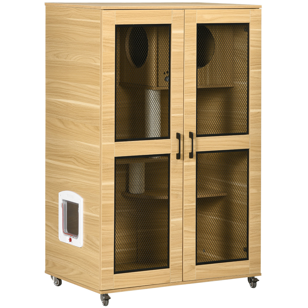 PawHut Cat House with Cat Tree, Kitty Cage with Scratching Posts Condo Cat Enclosure Lockable Wheels, Oak| Aosom.com
