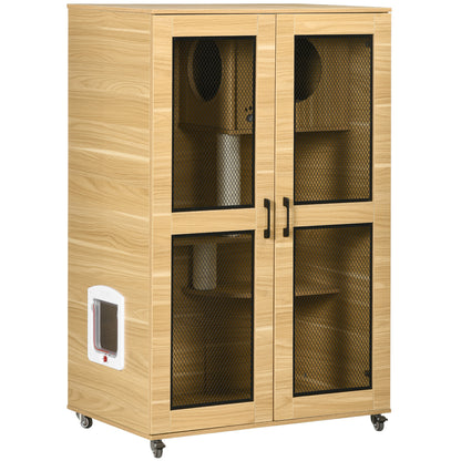 PawHut Cat House with Cat Tree, Kitty Cage with Scratching Posts Condo Cat Enclosure Lockable Wheels, Oak| Aosom.com