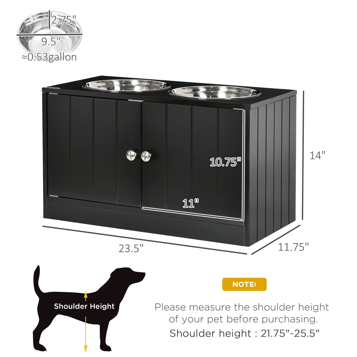 PawHut Raised Pet Feeding Storage Station with 2 Stainless Steel Bowls Base for Large Dogs and Other Large Pets Black | Aosom.com
