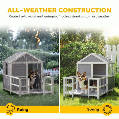 PawHut Outdoor Dog House, 61"L Wooden Dog House with Porch, Weatherproof Roof, Elevated Base, Air Vents & Observation Windows