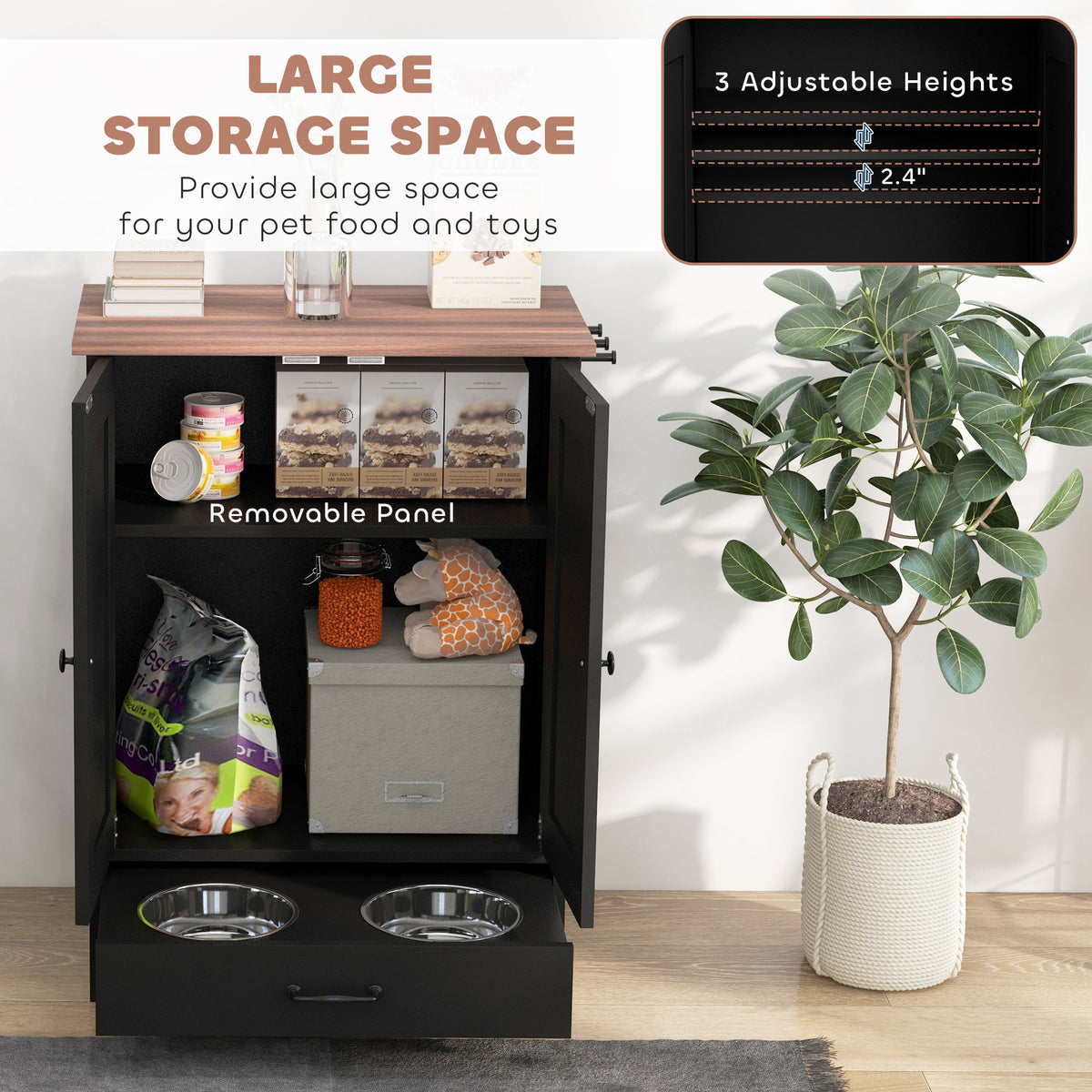 PawHut Pet Feeding Station, Dog Food Storage Cabinet w/ Raised Dog Bowls, Adjustable Panel, Hooks, for Medium Dogs, Black