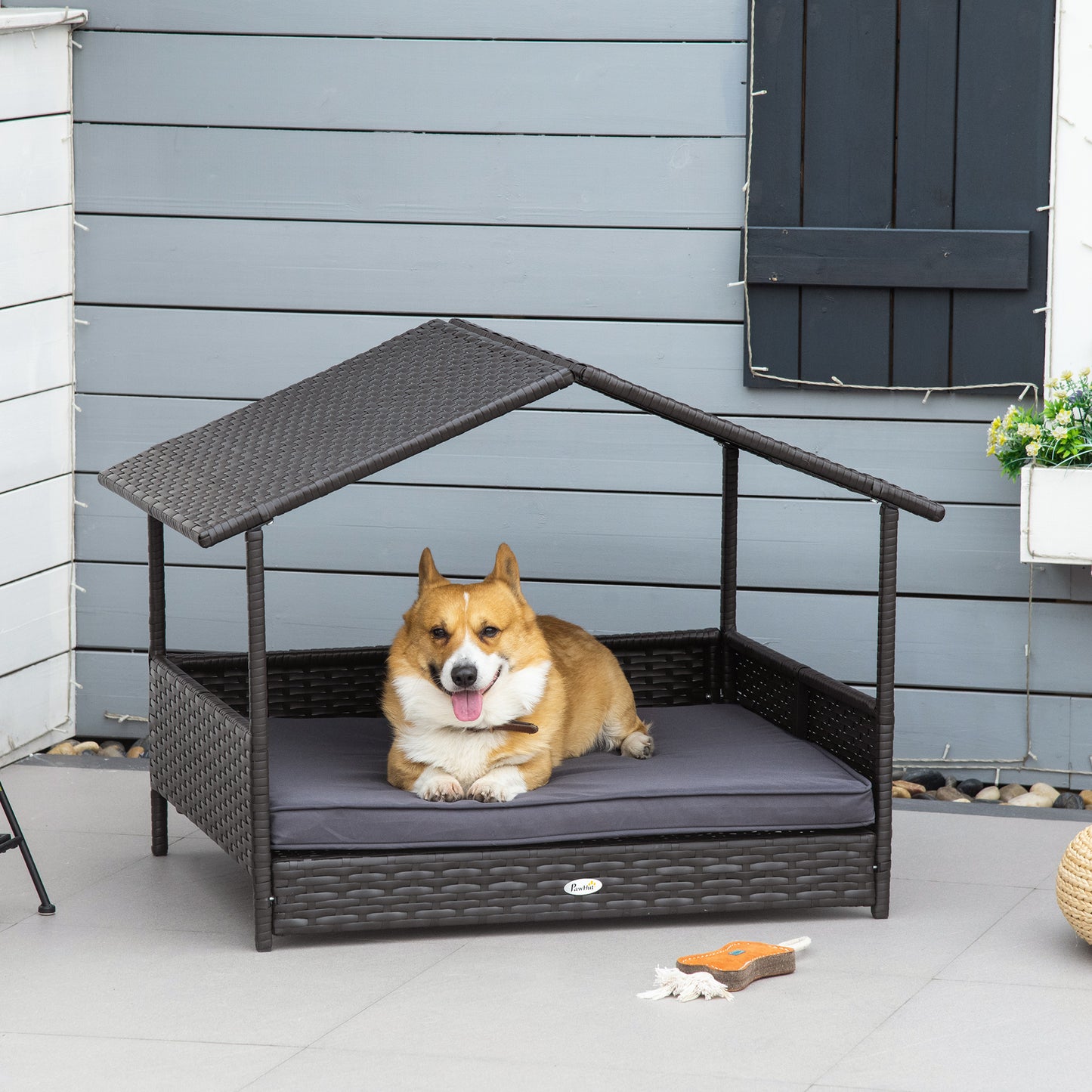 PawHut Wicker Dog Bed Outdoor, with Rattan Canopy, Elevated & Cushioned PE Rattan Dog / Cat House with Sleeping Pad, Gray | Aosom.com