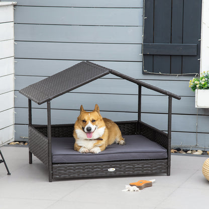 PawHut Wicker Dog Bed Outdoor, with Rattan Canopy, Elevated & Cushioned PE Rattan Dog / Cat House with Sleeping Pad, Gray | Aosom.com