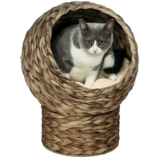 PawHut 20" Natural Braided Elevated Cat Bed, Cat Basket Kitten House Chair Sofa With Cushion, Dark Brown