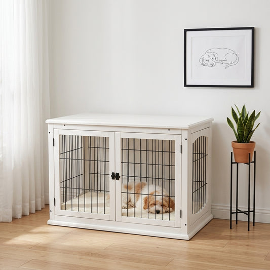 PawHut 26" Wooden Dog Cage Dog Crate Furniture, Indoor Dog Kennel, Dog Cage End Table with 2 Lockable Doors Entrance & Top Shelf, White