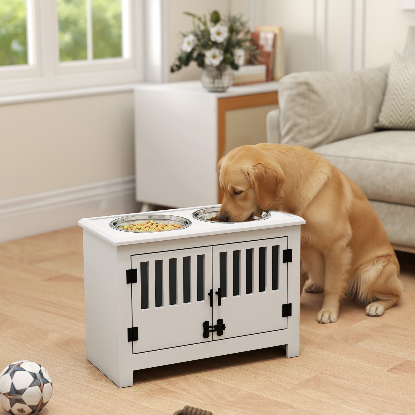 PawHut Dog Food Storage Cabinet with Bowls & Dog Feeding Station, White