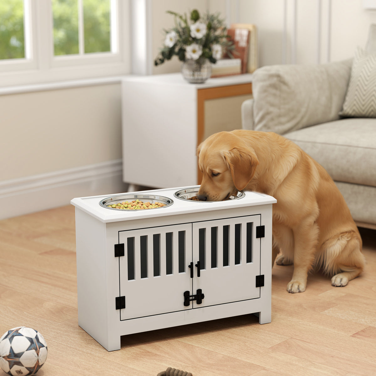 PawHut Dog Food Storage Cabinet with Bowls & Dog Feeding Station, White