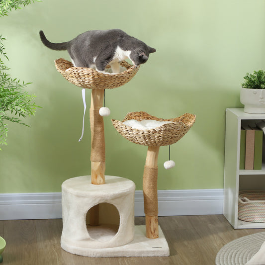 PawHut 37 Inch Modern Cat Tree w/ Wooden Scratching Posts, Condo, Beds, Cushions, Toy Balls, Anti-tip Kit | Aosom.com