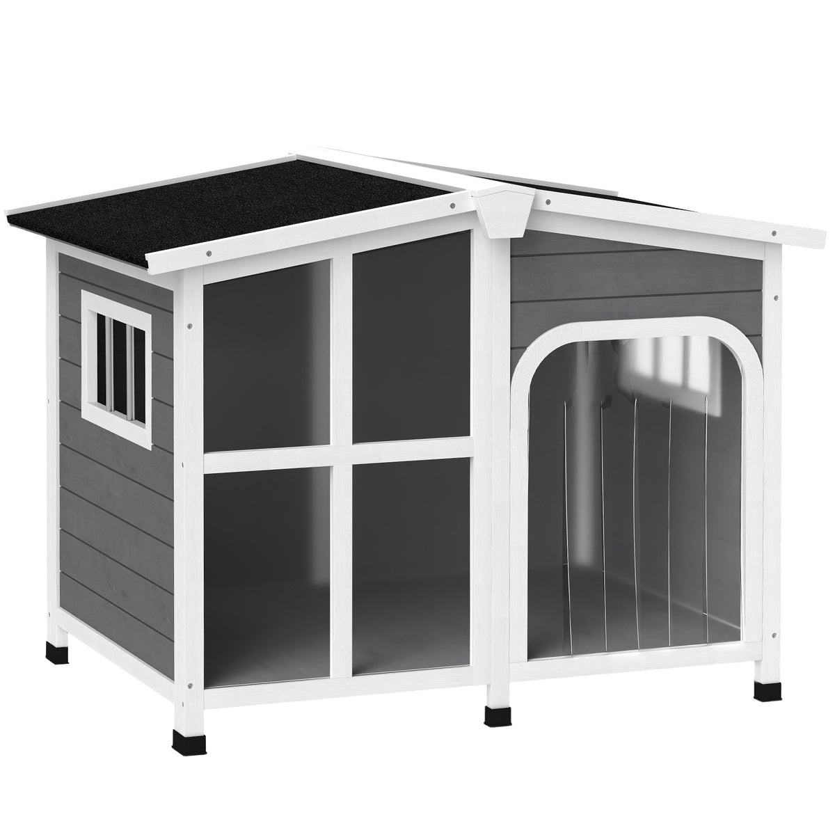 PawHut Cabin-Style Wooden Dog House for Large Dogs with Openable Roof & Giant Window,Gray