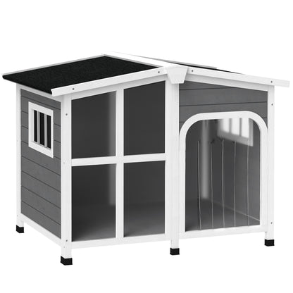 PawHut Cabin-Style Wooden Dog House for Large Dogs with Openable Roof & Giant Window,Gray