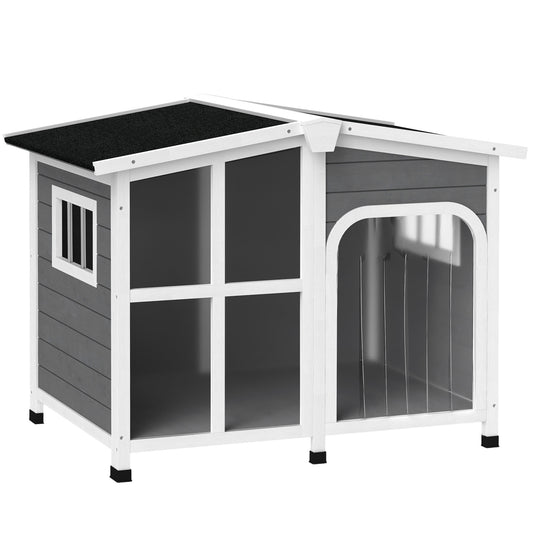 PawHut Cabin-Style Wooden Dog House for Large Dogs with Openable Roof & Giant Window,Gray