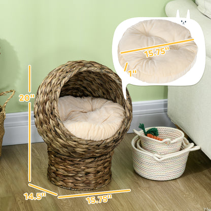 PawHut 20" Natural Braided Elevated Cat Bed, Cat Basket Kitten House Chair Sofa With Cushion, Dark Brown