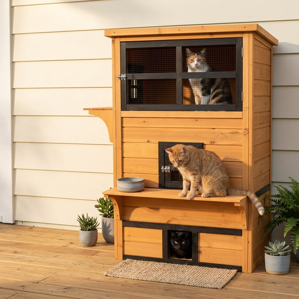 PawHut 3-Tier Cat House Feral Cat House, Outdoor Kitten Condo with Raised Floor, Asphalt Roof, Escape Door, Jumping Platform, Yellow| Aosom.com
