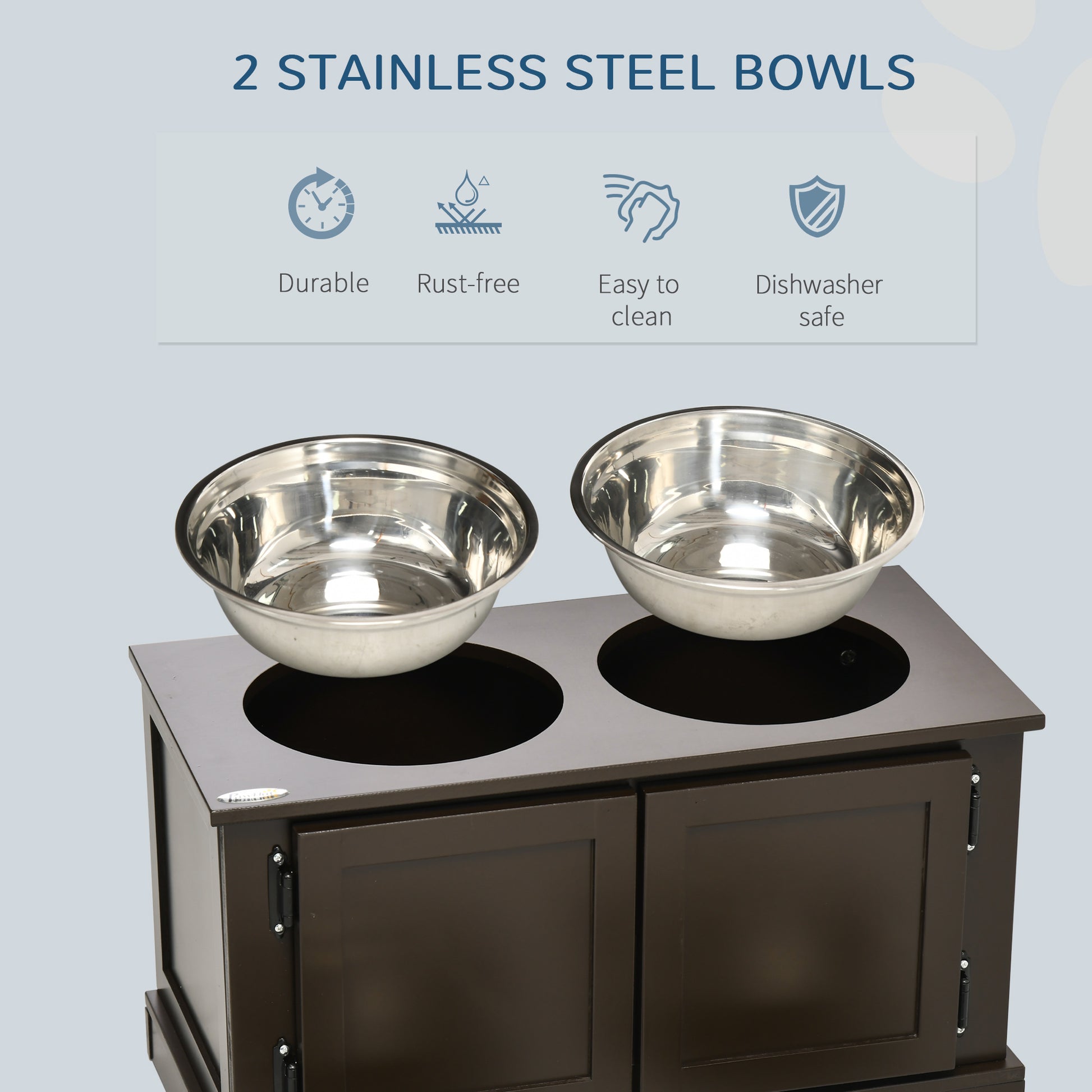 PawHut Elevated Dog Bowls with Storage, Two Stainless Steel Bowls for Large Dogs, Coffee