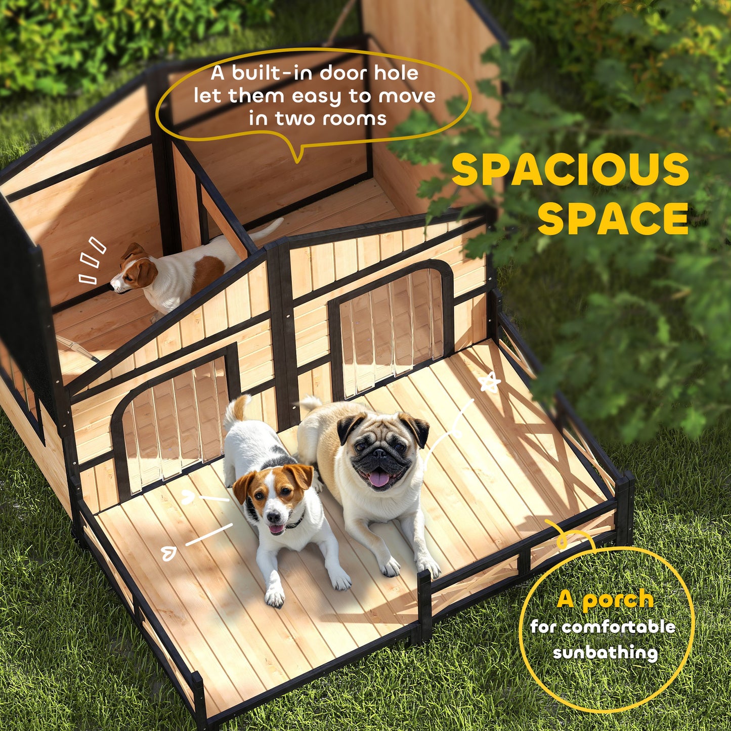 PawHut 59"x64"x39" Large Wooden Dog House Raised Weatherproof Rustic Log Cabin Style Elevated Pet Shelter Porch Deck, Natural