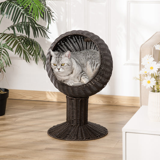PawHut 27 Elevated Cat Bed Rotatable Egg Chair Pod Thick Cushion Natural Mat Grass Woven Coffee | Aosom.com