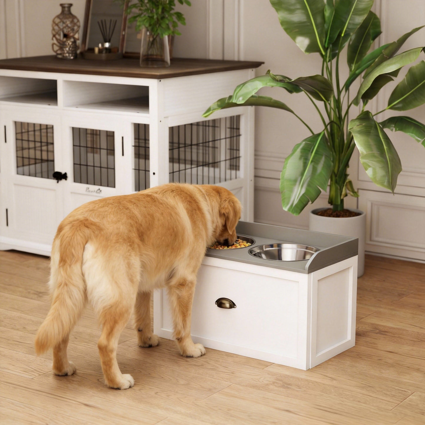 PawHut Raised Pet Feeder, Large Pet Dish Bowl Set with Storage Drawer, 2 Steel Bowls, White | Aosom.com