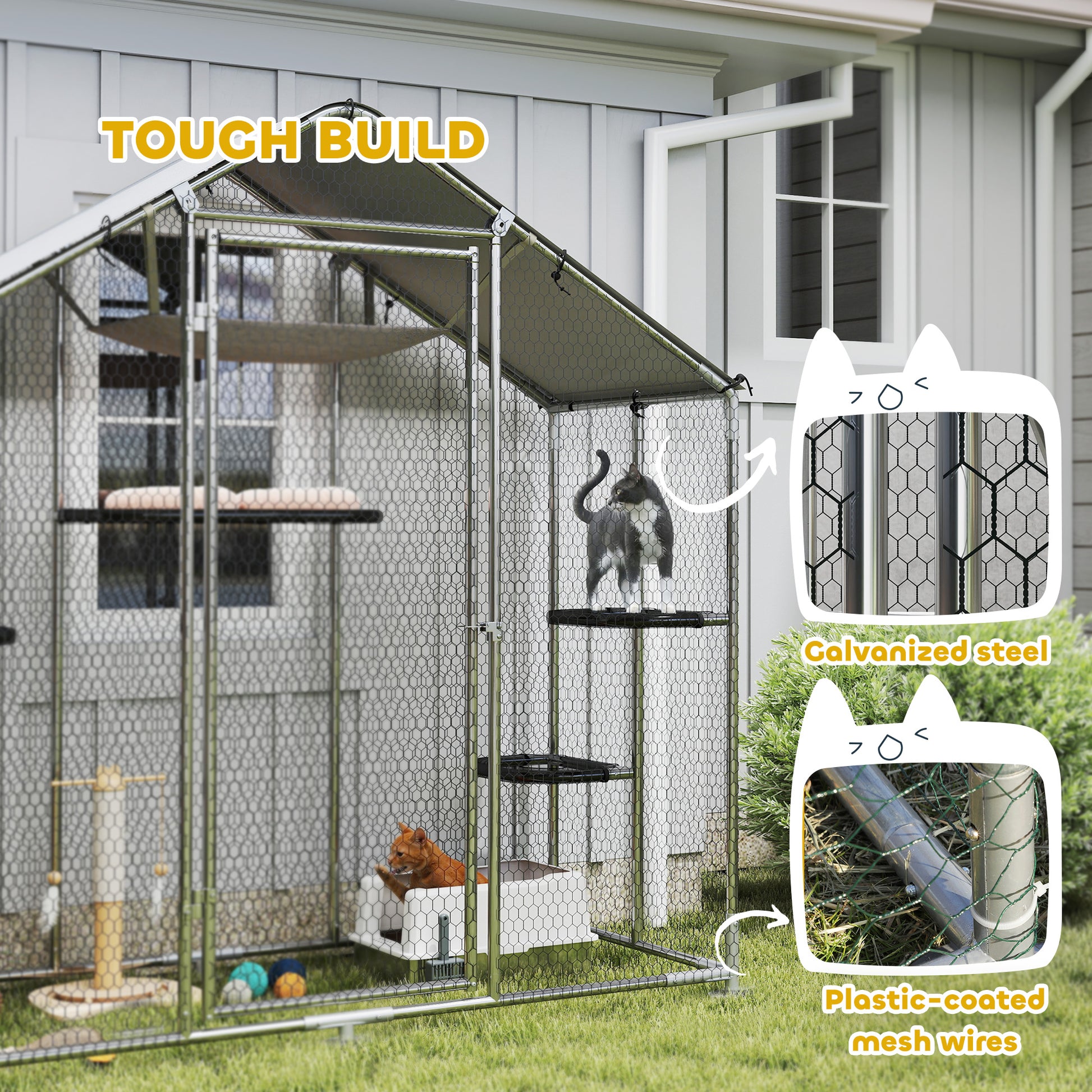 PawHut Large Catio Outdoor Cat Enclosure with Waterproof Cover, Walk-in Cat Patio w/ 5 Adjustable Platforms & Hammock