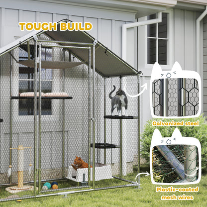 PawHut Large Catio Outdoor Cat Enclosure with Waterproof Cover, Walk-in Cat Patio w/ 5 Adjustable Platforms & Hammock