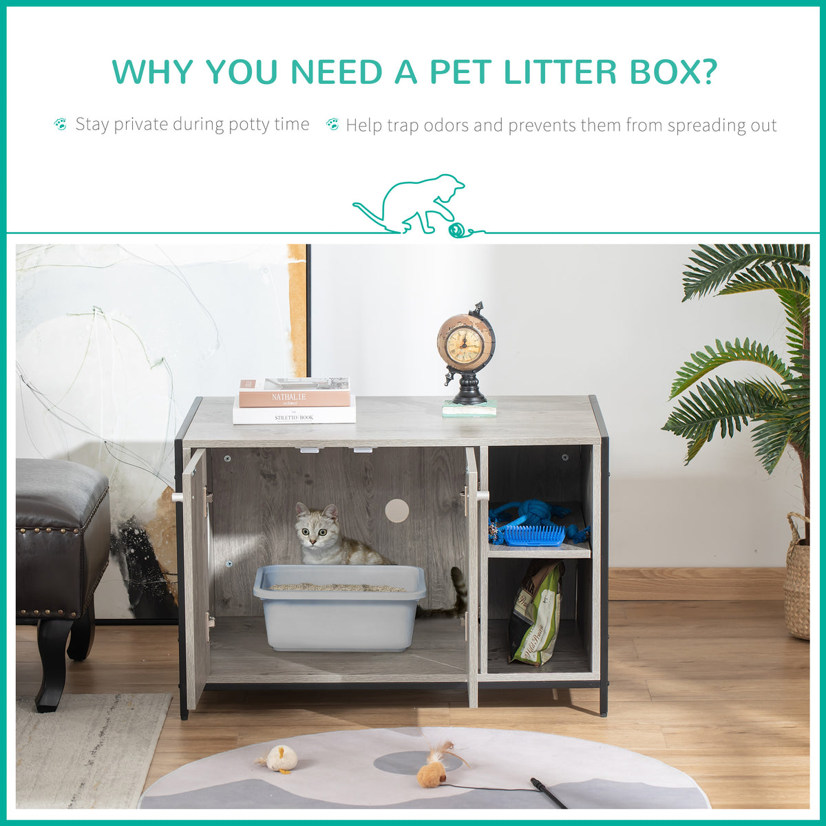 PawHut Cat Litter Box Enclosure Hidden Cat Furniture Cabinet Indoor Cat Washroom Double-door with Damping Hinge Multiple Storage Place Adjustable Grey