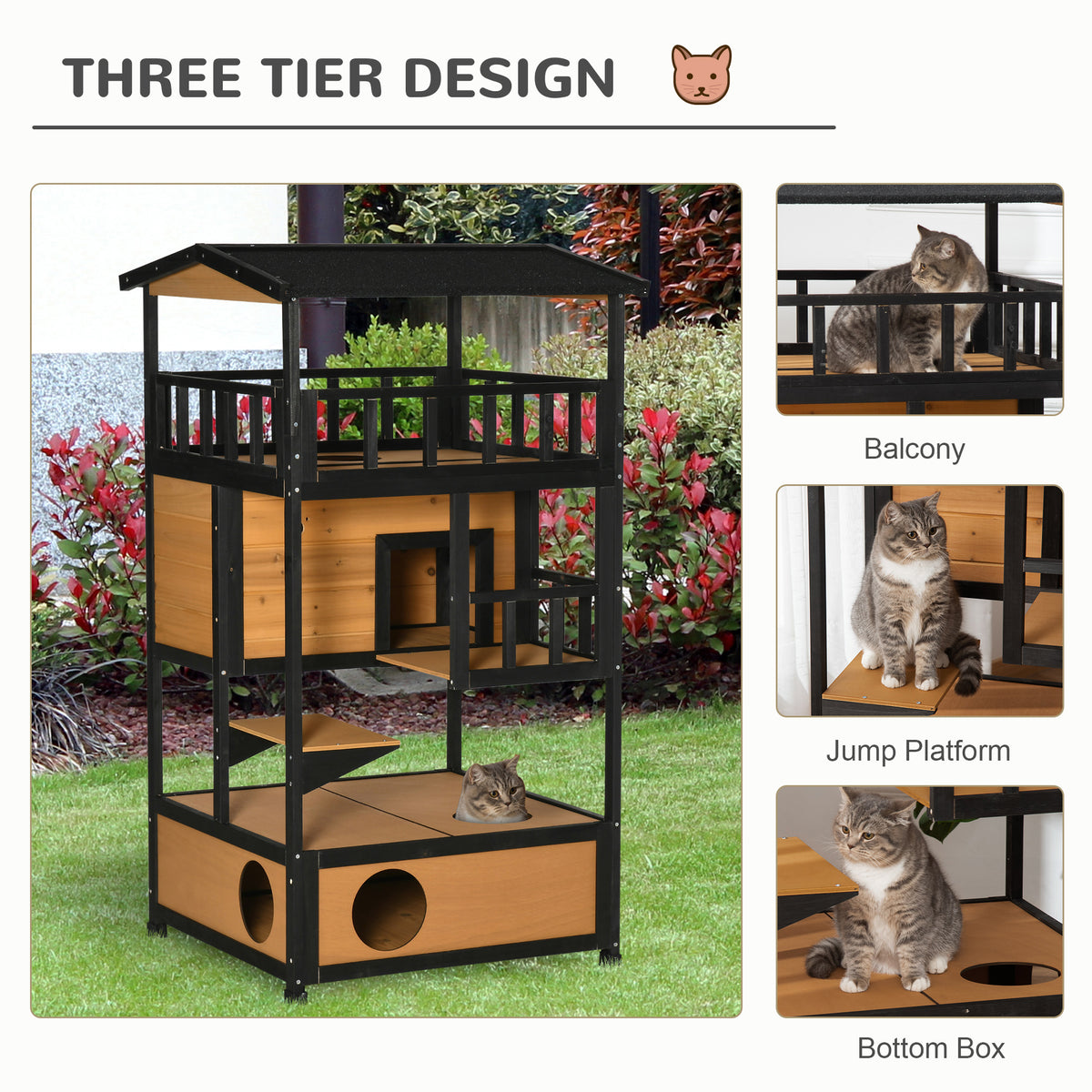 PawHut Wooden Outdoor Cat House, Feral Cat Shelter Kitten Tree with Asphalt Roof, Escape Doors, Condo, Jumping Platform, Yellow|Aosom.com