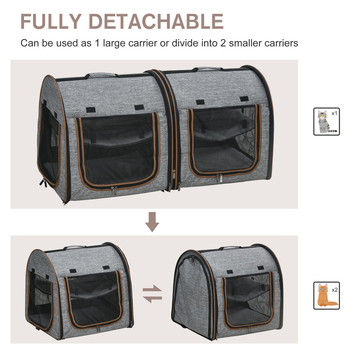 PawHut 39" Portable Twin Compartment Show House Cat Cage/Condo, Soft-Sided Pet kennel, Dual Compartment, Soft Cushions & Storage Bag, Gray