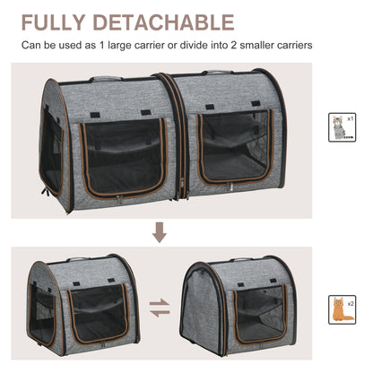 PawHut 39" Portable Twin Compartment Show House Cat Cage/Condo, Soft-Sided Pet kennel, Dual Compartment, Soft Cushions & Storage Bag, Gray