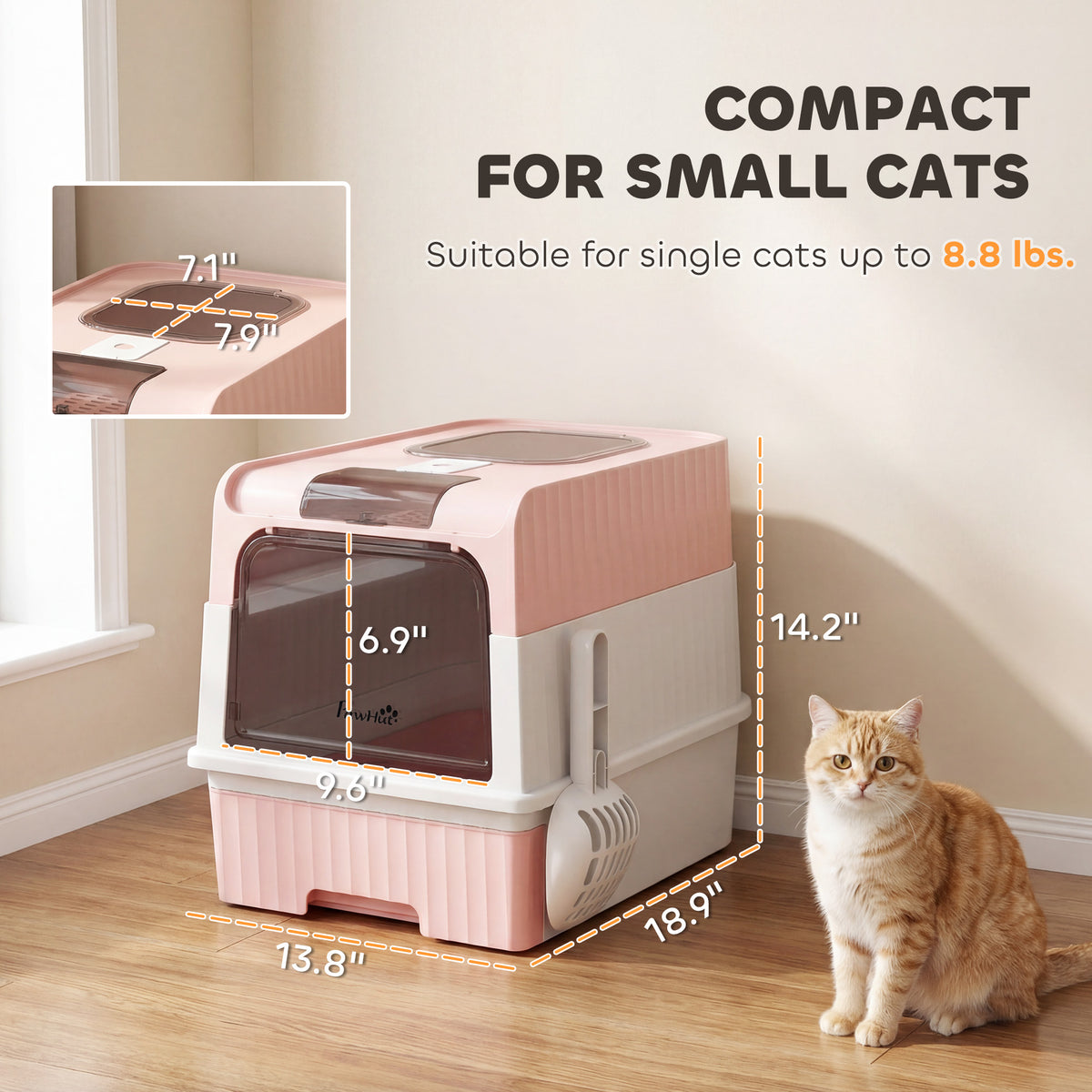 PawHut Cat Litter Box Hooded Cat Litter Tray with Drawer Pan Front Entry & Top Exit Easy Cleaning Pink