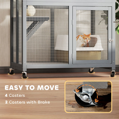 PawHut 74" Wooden Outdoor Cat House Catio with High Weight Capacity, Cat Cage Condo, Light Gray | Aosom.com