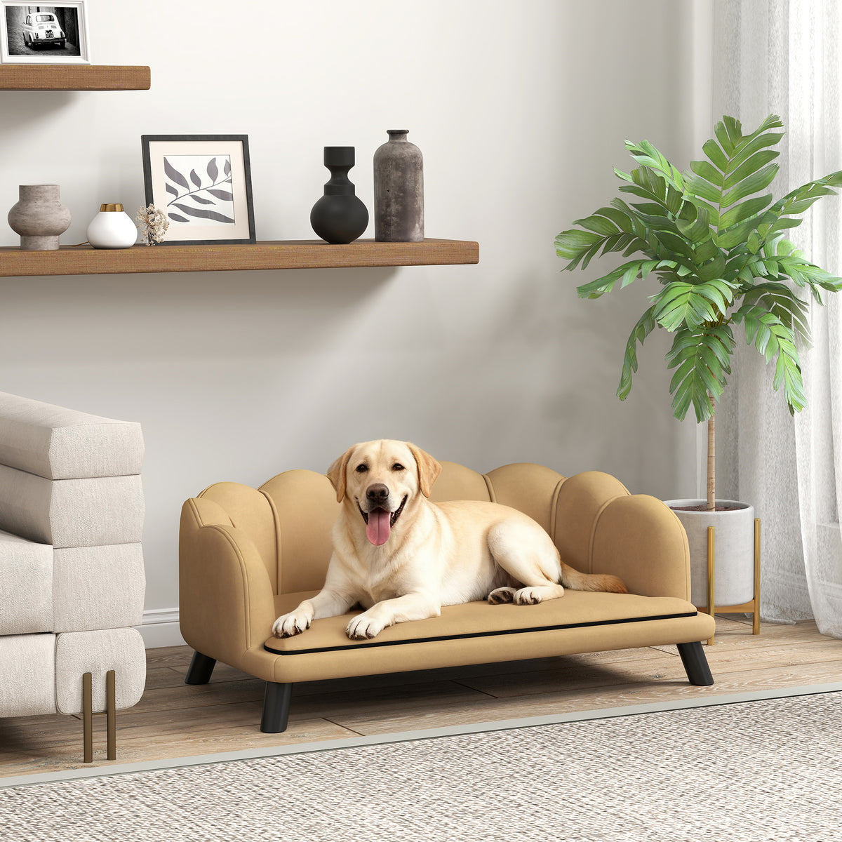 PawHut Pearl Pet Sofa, Velvet Dog Couch with Wood Legs, Coffee