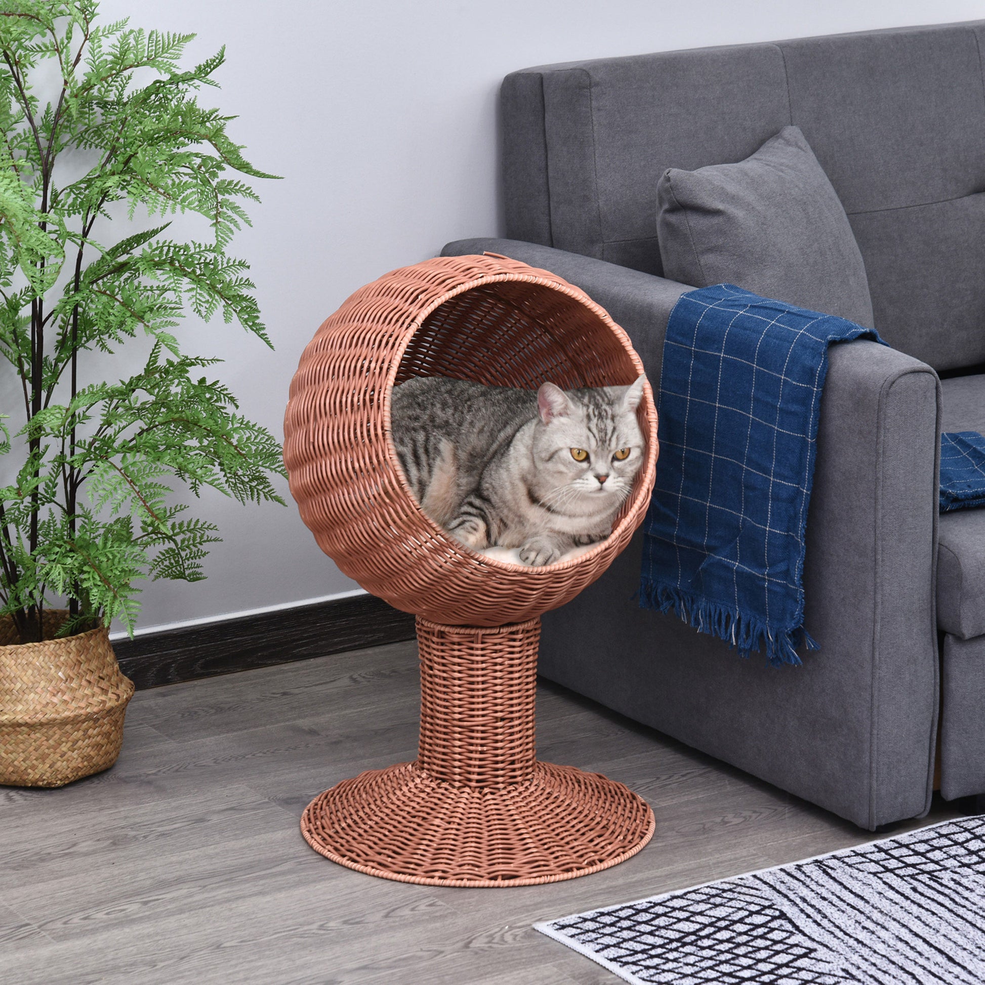 PawHut Elevated Cat Bed, Rotatable Egg Chair Pod, Thick Cushion, Natural Mat Grass Woven Kitty House, Brown | Aosom.com
