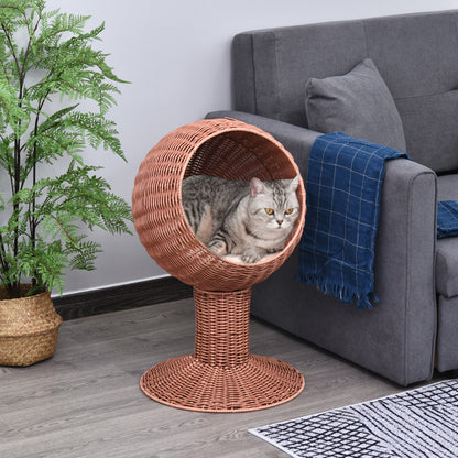 PawHut Elevated Cat Bed, Rotatable Egg Chair Pod, Thick Cushion, Natural Mat Grass Woven Kitty House, Brown | Aosom.com
